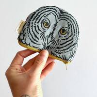 Great Grey Owl - Two Color Screen Print - Handmade Pouch with Original Fabric