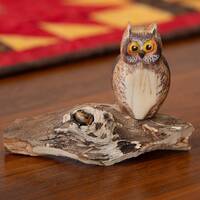 Hand-painted Owl carved of Aspen wood and mounted on found wood, measures about 3 inches high