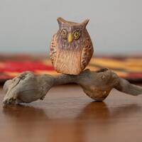 Carved and hand-painted Owl mounted on found wood, measures about 2.75 inches high