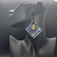 Handmade Dark Blue Denim Jean Earrings "OWL"
