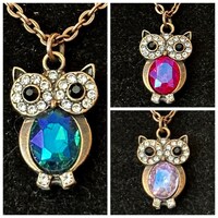 Antique Bronze, Owl, Rhinestone, Pink, Blue, Purple, Pendant, Necklace