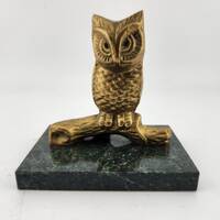 Vintage Brass Owl and Tree Limb attached to a marble base - base is 3" x 2" and height is 
