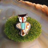 Vintage Native American inlaid Owl sterling silver inlaid stone and shells, pin brooch and pendant