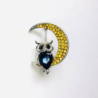 Silver-tone Blue Crystal Owl Sitting On Yellow Half Rhinestone Moon Rhinestone Brooch Lapel Pin Jewe