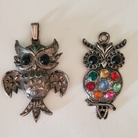Vintage Silver Metal Owl Pendants, Black Eyes, Multicolor Stones, Lot of 2