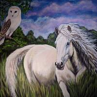 White Horse & Owl Acrylic Painting - Twilight Scene, Handmade Art