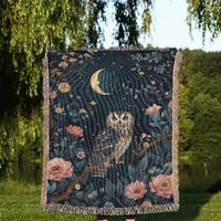 Botanical Owl Woven Throw Blanket: Celestial Owl and Moon Tapestry, Cute Woodland Animal Blanket, Bo