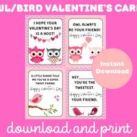 Owl Valentine Cards Printable, Kid classroom valentine, Bird Valentine, Instant Download Printable, 