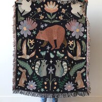 Woodland Blanket: Raccoon and Bear Woven Throw, Cute Kawaii Animals, Dark Cottagecore, Unique Whimsi