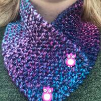 Handmade, hand knit, colorful, cowl scarf,owl lovers, warm, clothing, rainbow colors, neck dress