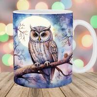 Watercolor Owl Mug Wrap, 11oz & 15oz Mug Template, Mug Sublimation Design, Night Landscape Mug W