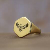 14k Gold Owl Signet Ring &middot; Engraved Bird Ring &middot; Hexagon Shaped Ring &middot; Gift For 