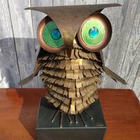 Curtis Jere MCM Brass and Enamel Brutalist Owl Sculpture with Enamel Eyes, Signed and Dated Curtis J