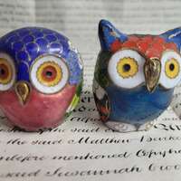 Vintage Brass Enamel Owl Figurines, Cute Owl Gift