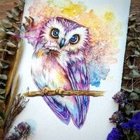 Owl of Enchantment - ORIGINAL watercolor painting 7.5x11 inches, 100% Hand-painted by Yui Chatkamol,