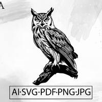 Owl on Branch Vector Clipart: Silhouette Animal T-shirt Design (Digital Download)