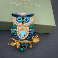 Handmade Beaded Owl Brooch: Folk Art-Inspired Blue Bird Jewelry. Whimsical Autumn Pin