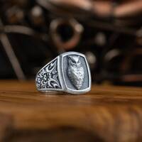 Owl night bird minimalist ring for men, Nocturnal animal symbol of wisdom jewelry in sterling silver
