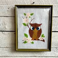 Owl painting gouache on rice paper original art cherry blossoms Japan