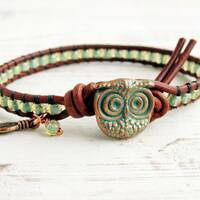 Copper Owl Bracelet with Feather, Seafoam Leather Wrap Bracelet, Owl Jewelry, Owl Gifts, Graduation 