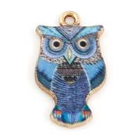 Blue owl charms, enamel with intricate pattern, gold plated charm for pendants and bracelets
