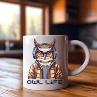 Pixel Art OWL in sunglasses White COFFEE MUG. Perfect gift for coffee lovers. Pet mug, owl mug, Ever