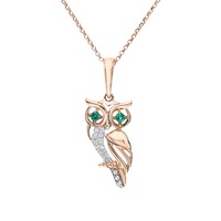 Cute Owl Green Eye Rose Gold  Necklace, 14k Gold Owl Diamond Pendant, Emerald Animal Pendant, Women 