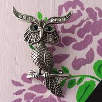 Crystal Long Eared Owl Brooch: Silver-Toned Bird Pin