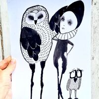 Jealous Original art Abstract art Owl drawing Black and white picture One of a kind art Weird art Go