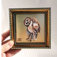Owl Painting With Framed Original Wall Art Owl Мiniature Gold background Animal Impasto oil Paintin
