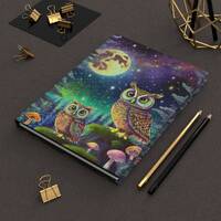 Owl Lover Hardcover Journal Matte Very Nice Owl Notebook with a bright moon and some mushrooms.