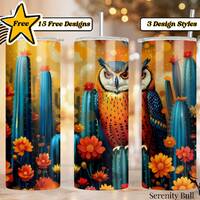 Cactus Owl Tumbler Sublimation Design: Colorful PNG Wrap (Digital Download)