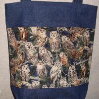 New Handmade Owl Backyard Nature Bird Large Denim Tote Bag