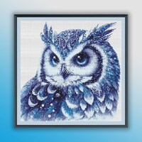 Watercolor Blue Winter Owl Counted Cross Stitch PDF Pattern, Wild Birds, Modern Cross Stitch Chart, 