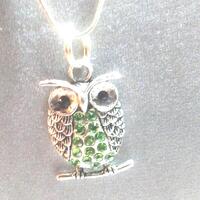 New Rhinestones and Metal Owl Pendant Necklace On A 24 Inch Silver Snake Chain.