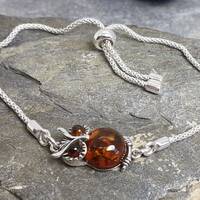 Cognac Baltic Amber Owl 925 Sterling Silver Slider Bracelet