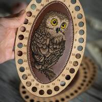 Owl threads sorter DIY kit, floss organizer with cross stitch, owl bird xstitch design, oval plywood