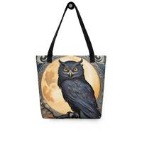 Black Owl Tote Bag | Gothic Ebony Owl | Carryall | Full Harvest Moon | Original Art | 111 Studio | D