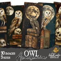 OWL ACADEMIA gothic bookmarks supplies | Antique Stack of books and skulls paper craft tag ephemera 