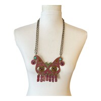 Owl Mardi Gras Mask Painted Brass Oversized Necklace Vintage From 1950’s-‘60s