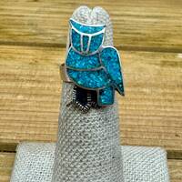 Vintage Sterling Silver Turquoise Chip Inlay Owl Ring Size 4.25