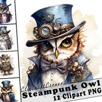 12 Steampunk Owl Clipart PNG Animal Bundle | Watercolor Steampunk Owl Clipart PNG Art | Animal Artwo