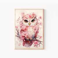 Cherry Blossom Owl Art Print, Pink Owl Wall Art, Elegant Owl Wall Art, Whimsical Floral Watercolor O