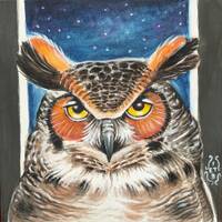 Great Horned Owl Original Watercolor Art Painting on Panel Bird Wildlife Realistic Fine Art One of a