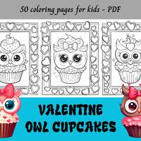 Valentine Owl Cupcakes, Cartoon Owl Cupcakes, Easy Coloring Pages for Kids | 50 Printable Pages | In