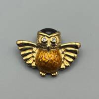 Vintage gold tone and enamel owl brooch with rhinestones