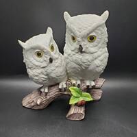 Vintage Andrea By Sadek Ceramic Snowy Owls On A Branch Figurine