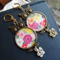 Floral Owl Statement Earrings. Owls + Paper Ephemera & Vintage Enamel Flower Charm Dangles. Owl