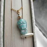 Blue Czech Glass Owl Necklace - Pearl Branch Charm, Boho Jewelry