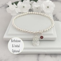 Sterling Silver Owl Bracelet, Graduation Jewellery, optional Birthstone & Initial Charms